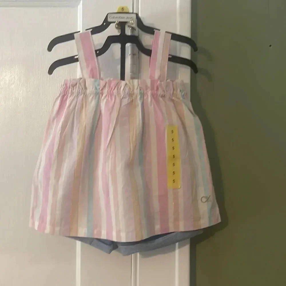 Calvin Klein pink 3 piece shirt set Jean Shorts Striped shirt #1